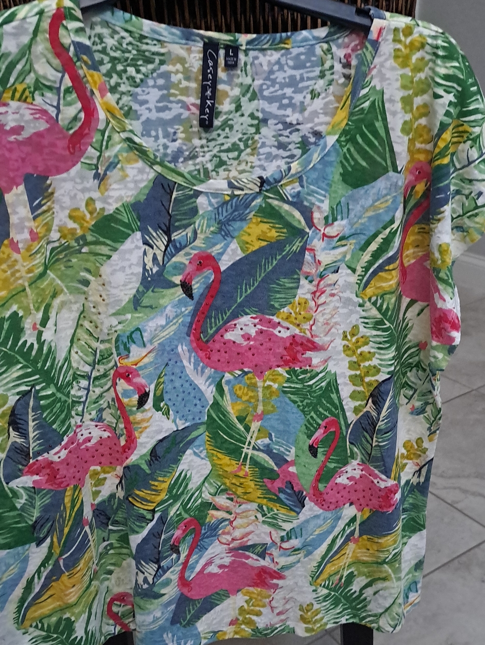 Casual Ladies' Flamingo Print Tee by Casterker — Pink/Green